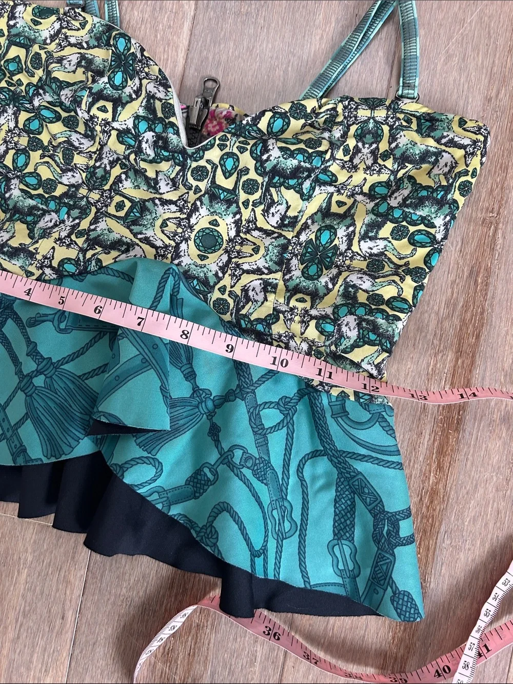 Maaji ruffle Teal, Yellow, Black Patterned Swim Tankini Top size M reversible
